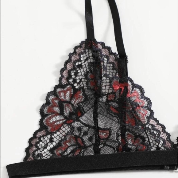 Black Red Lace Transparent Bra Panties Garter Set - Picture 5 of 7